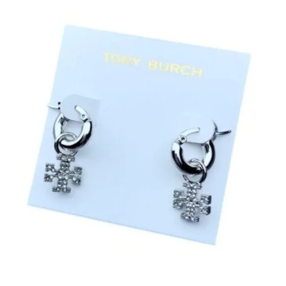 Tory Burch Hex Pave Huggie Hoop Earrings w Dust Bag NWOT - Picture 2 of 2
